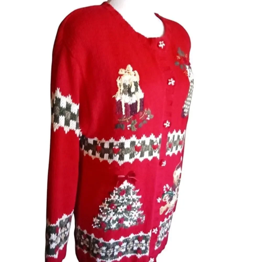 Vintage Petite Sophisticates Christmas Knit Fair Isle Button Up Cardigan Medium - Picture 2 of 7